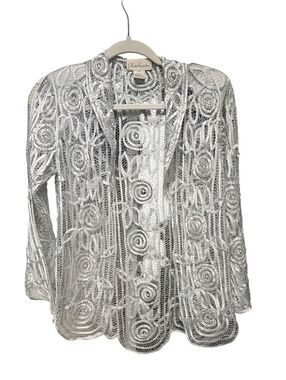 100% Silk Soulmates Delicate Silver Lace Open Cardigan Sz. S